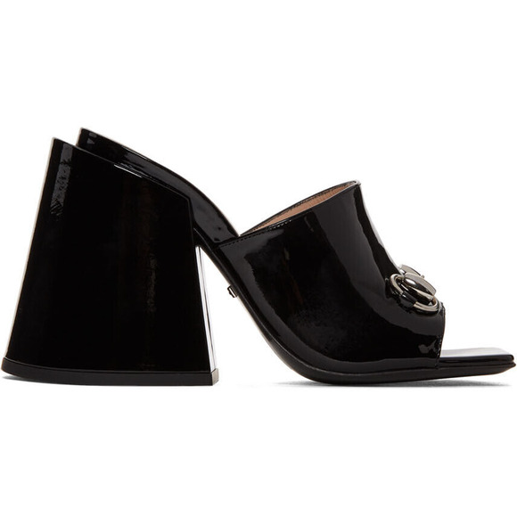 Gucci Lexi 105 Black Patent Horsebit Backless Sandal Mule Block Heel Pump 35 - Picture 1 of 12